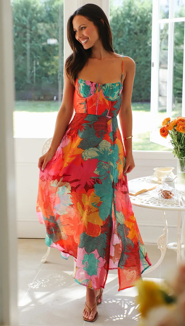 Flora™ | Robe fleurie à bretelles avec décolleté structuré