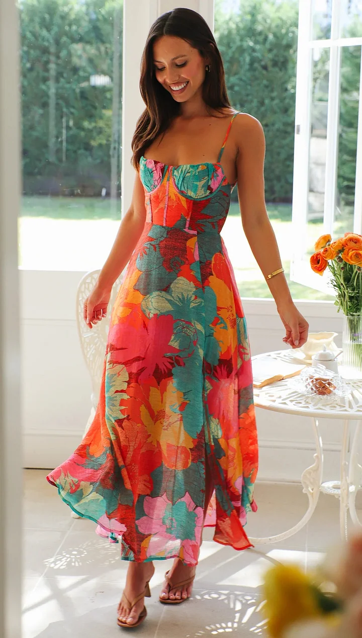 Flora™ | Robe fleurie à bretelles avec décolleté structuré