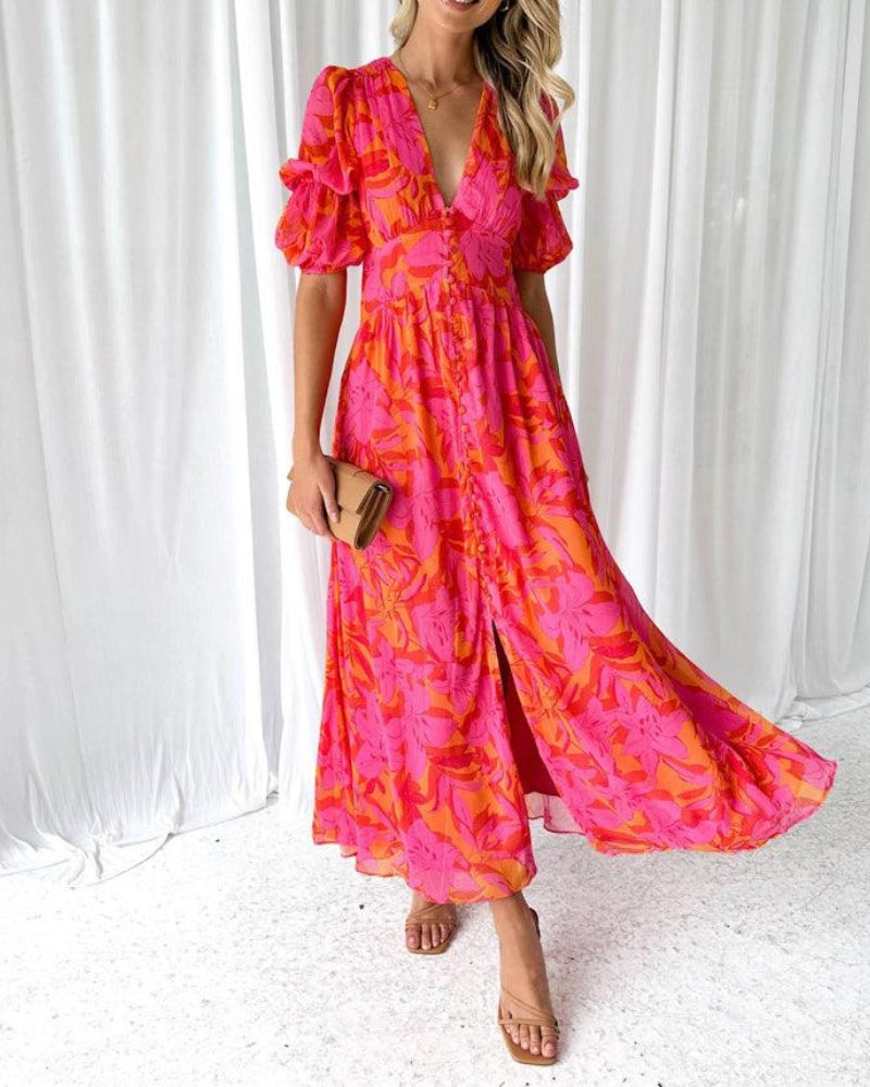 Alva - Robe Maxi Élegante à Manches Bouffantes et Décolleté en V
