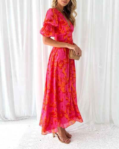 Alva - Robe Maxi Élegante à Manches Bouffantes et Décolleté en V