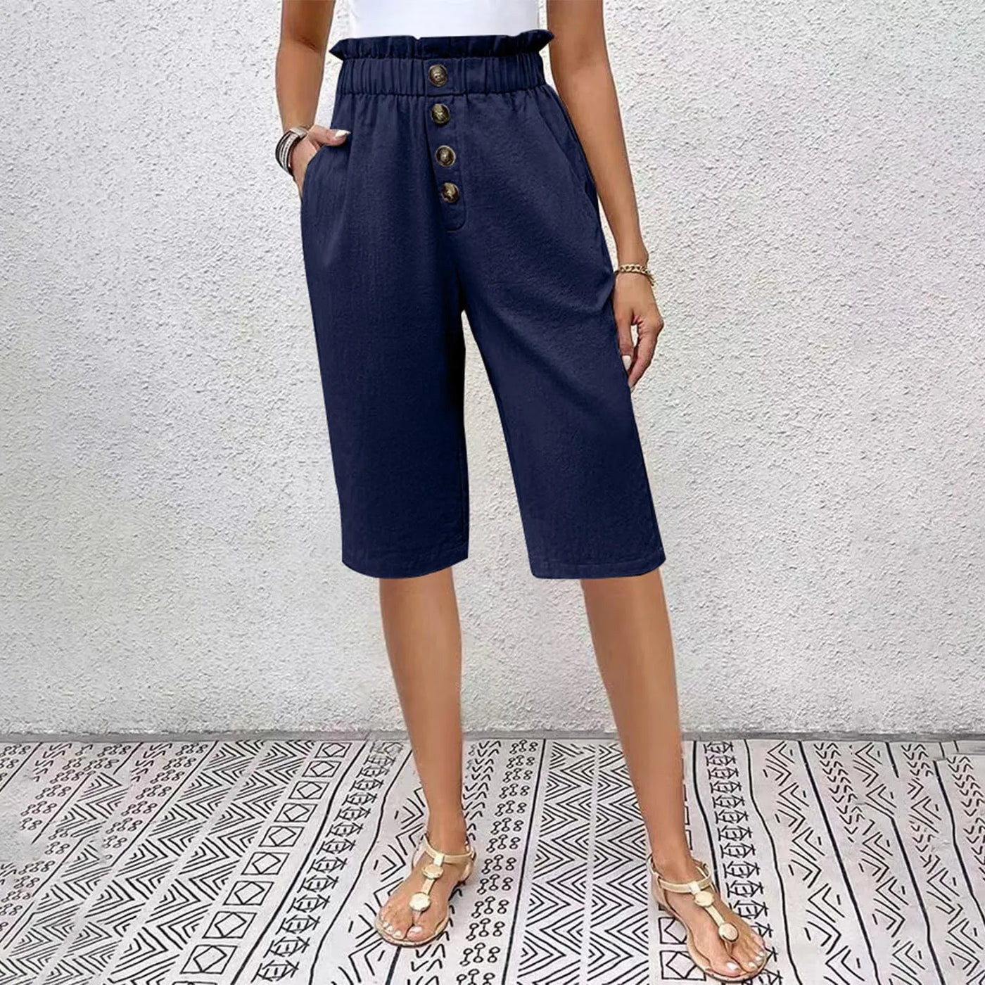 Éloane - Bermuda Boutonné Lin-Coton