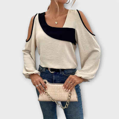 Scarlett – Blouse à Blocs de Couleurs, Encolure Carrée