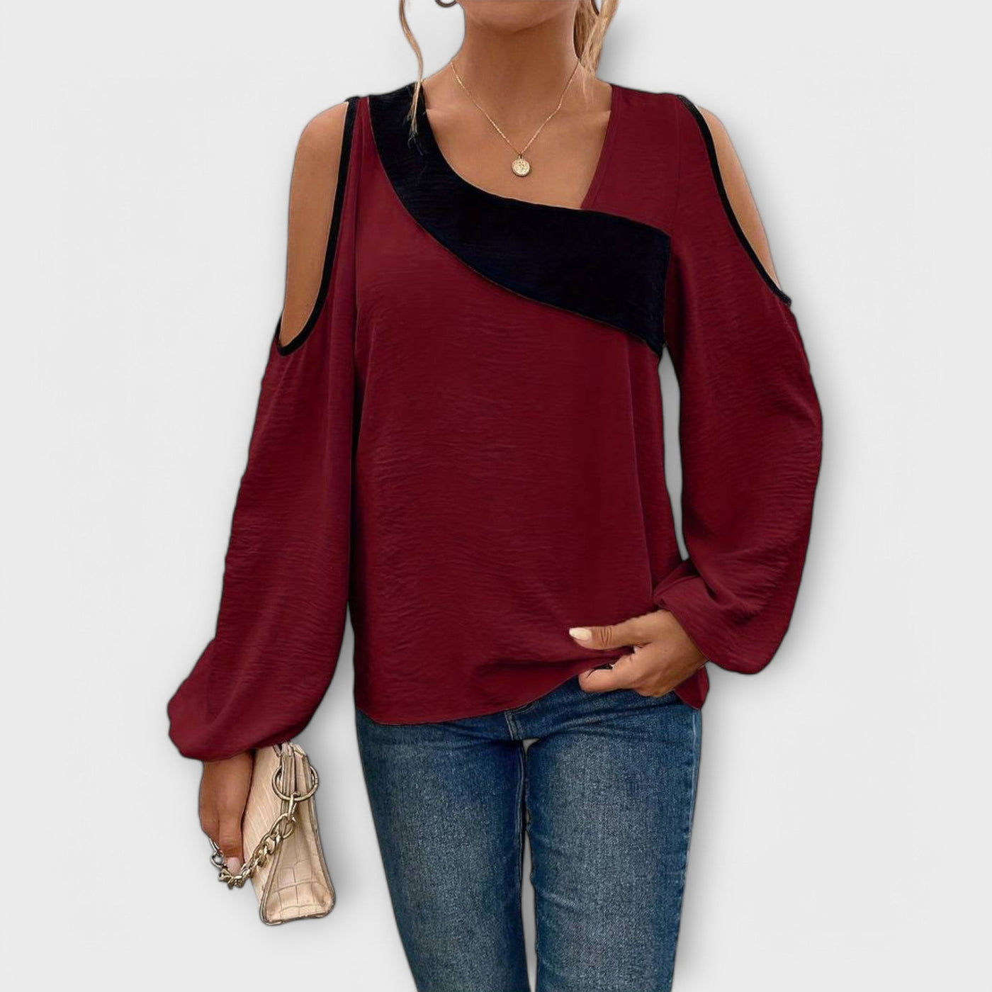 Scarlett – Blouse à Blocs de Couleurs, Encolure Carrée