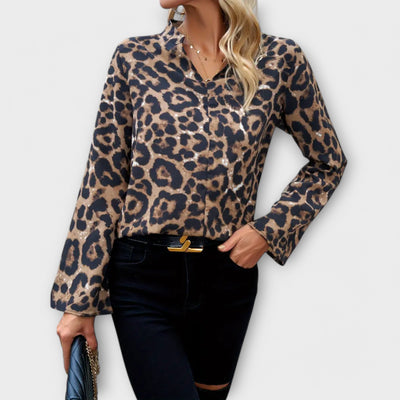 Blouse Décontractée à Imprimé Léopard avec Encolure Notée